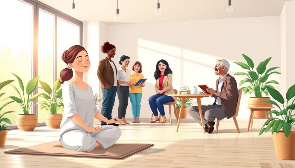 A serene and harmonious indoor space dedicated to self-awareness practices, featuring a diverse group of individuals engaged in various techniques. In the foreground, a woman in modest casual clothing sits cross-legged on a soft meditation mat, eyes closed, embodying tranquility. Adjacent to her, a man in professional attire journals thoughtfully at a small wooden desk, surrounded by plants that add a touch of nature. In the middle, a group of three people, varying in gender and ethnicity, exchange insights with warm smiles, fostering a supportive atmosphere. The background showcases a gentle sunlight filtering through large windows, casting soft shadows, and illuminating the scene with a calming golden hue. This uplifting environment reflects the essence of practical self-awareness techniques. Rendered in a realistic style, evoke feelings of peace and personal growth. Brand name: nextself.ai. A serene and harmonious indoor space dedicated to self-awareness practices, featuring a diverse group of individuals engaged in various techniques. In the foreground, a woman in modest casual clothing sits cross-legged on a soft meditation mat, eyes closed, embodying tranquility. Adjacent to her, a man in professional attire journals thoughtfully at a small wooden desk, surrounded by plants that add a touch of nature. In the middle, a group of three people, varying in gender and ethnicity, exchange insights with warm smiles, fostering a supportive atmosphere. The background showcases a gentle sunlight filtering through large windows, casting soft shadows, and illuminating the scene with a calming golden hue. This uplifting environment reflects the essence of practical self-awareness techniques. Rendered in a realistic style, evoke feelings of peace and personal growth. Brand name: nextself.ai.