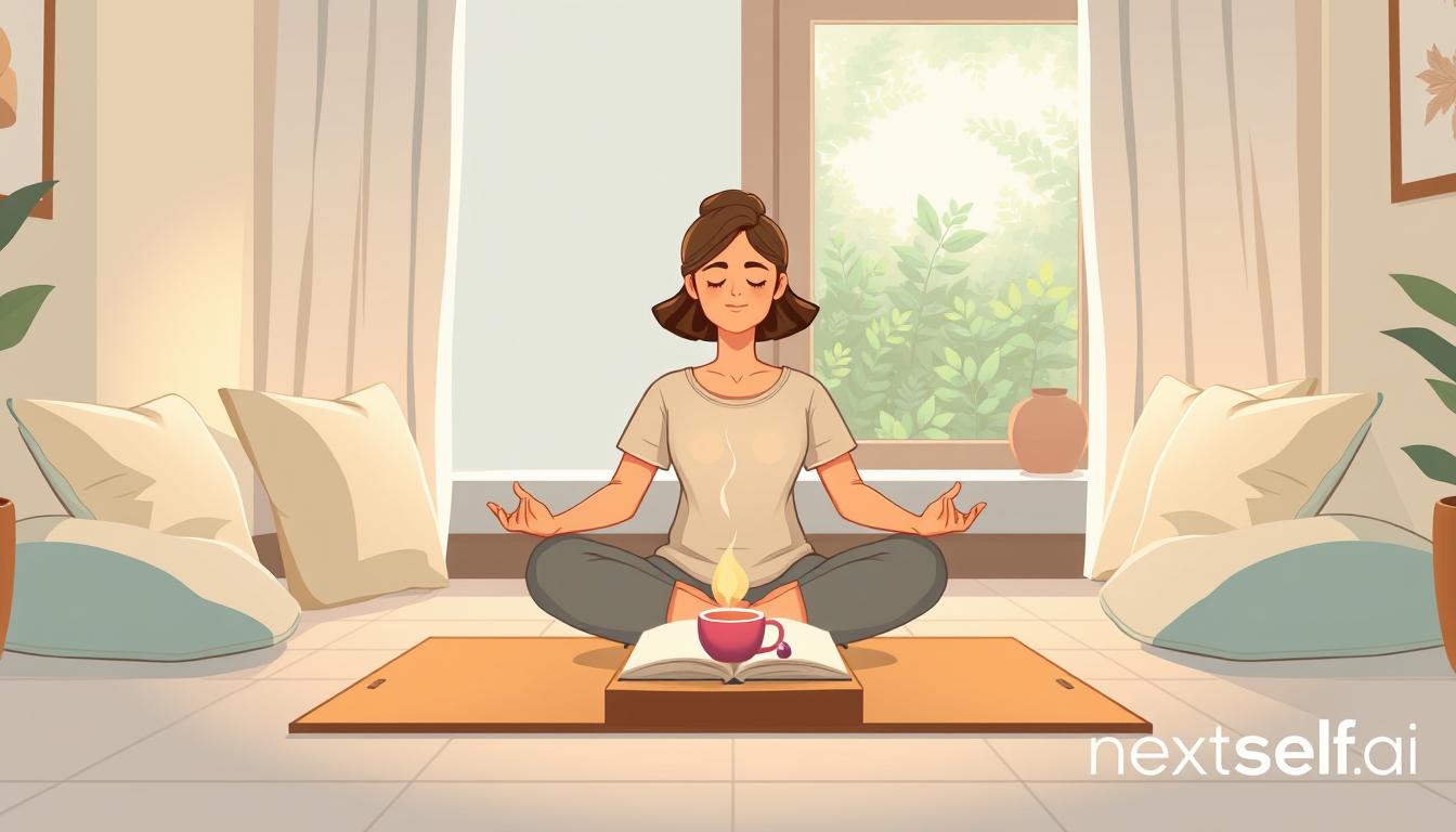 A softly lit room arranged for quiet self-awareness practice, with cushions, a journal and tea by a window.
